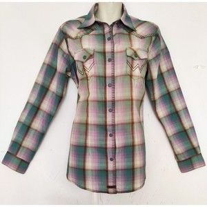 Vintage Wrangler Women's Western Shirt Purple Green Plaid Long Sleeve SZ MED